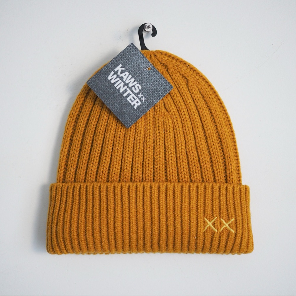 KAWS beanie Uniqlo heattech navy yellow hat unisex new